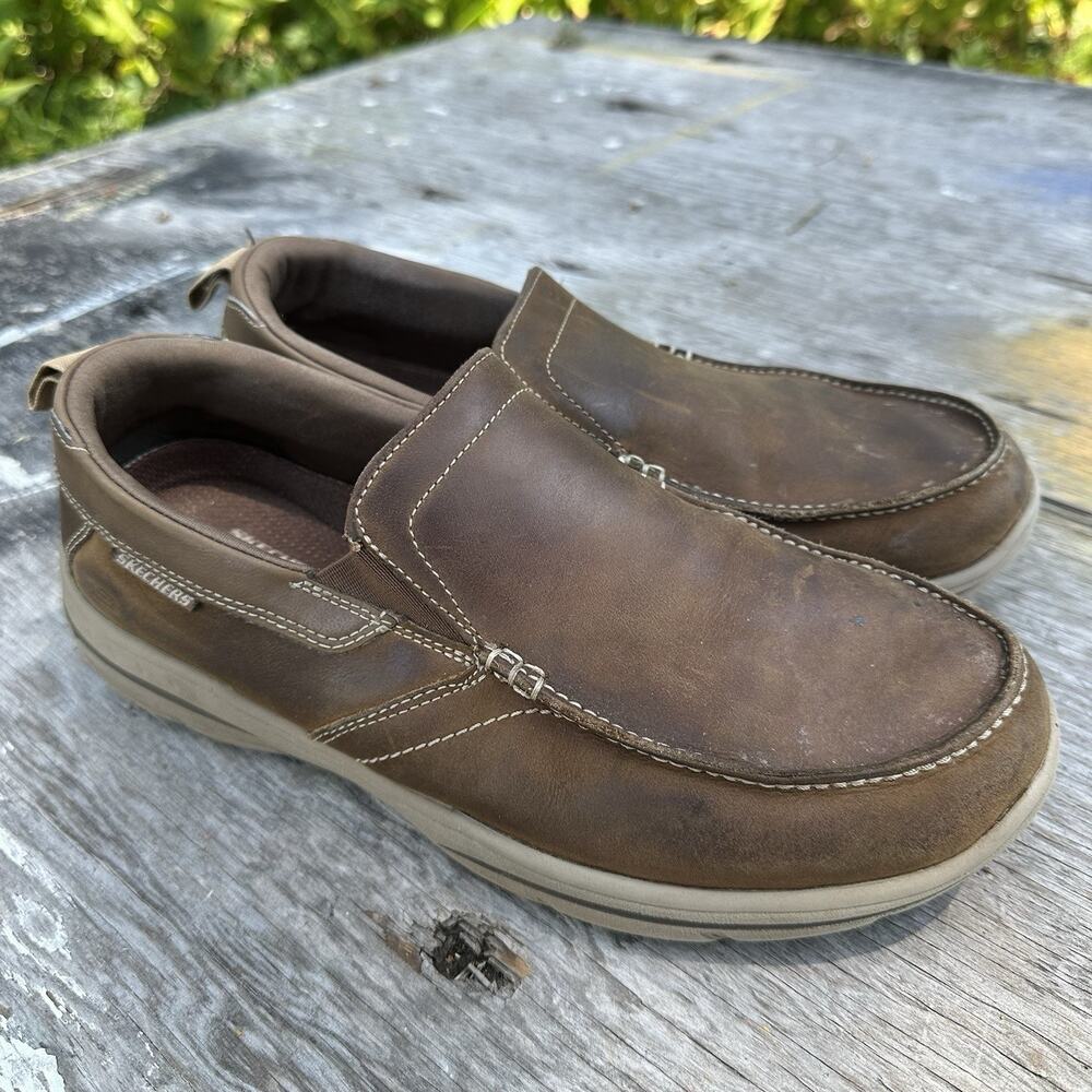 Skechers Men’s Brown Leather Slip-On Relaxed Fit Air-Cooled Loafers Size 9 750